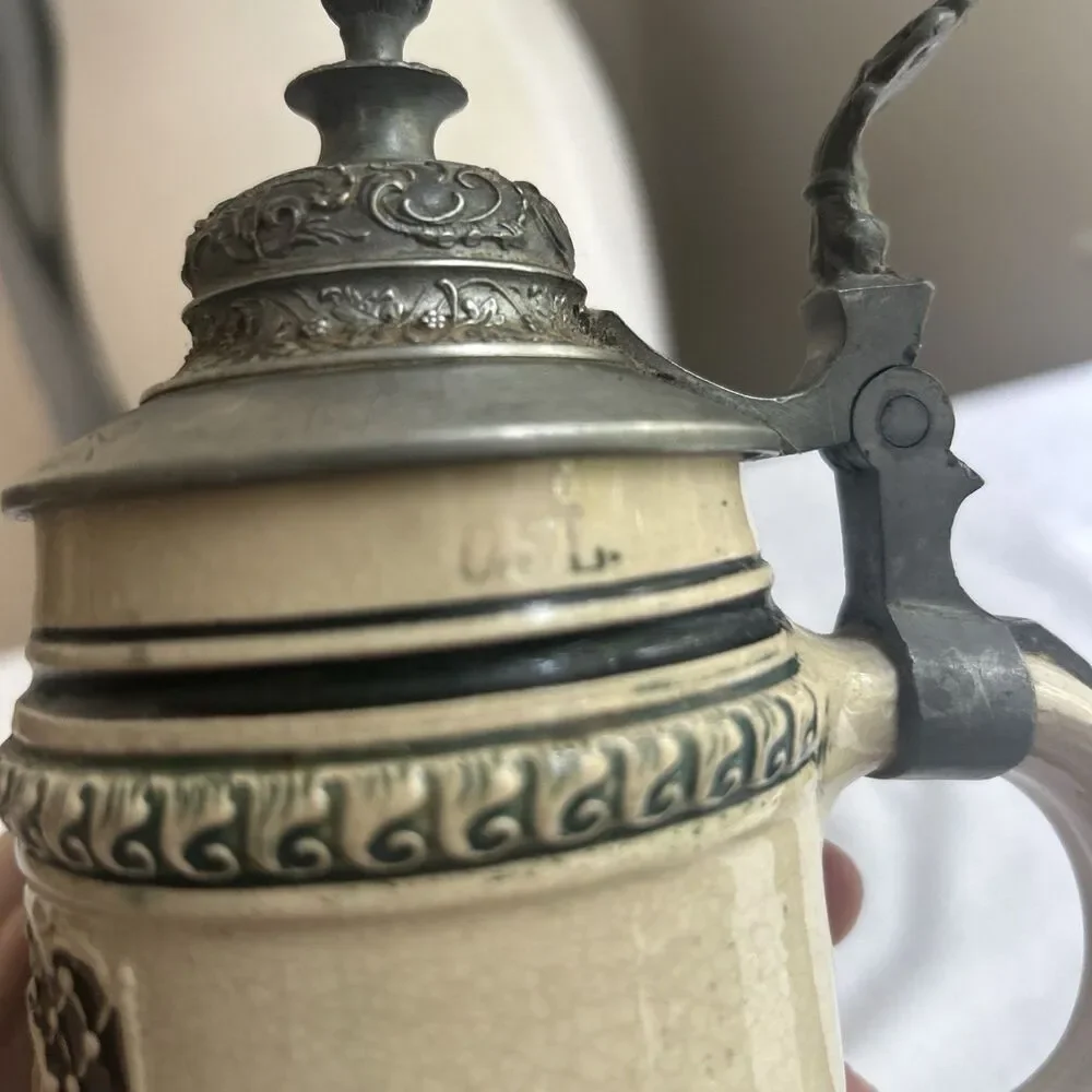 Vintage Antique German Beer Stein Lidded Pewter Engraved “Ernst Huf”  0.5L